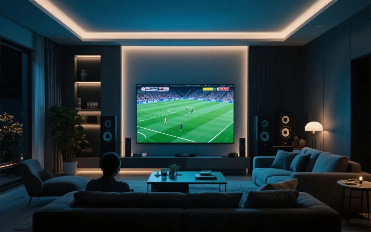 夜晚客厅观看足球比赛，电视呈现高动态画面，环绕音响营造沉浸氛围